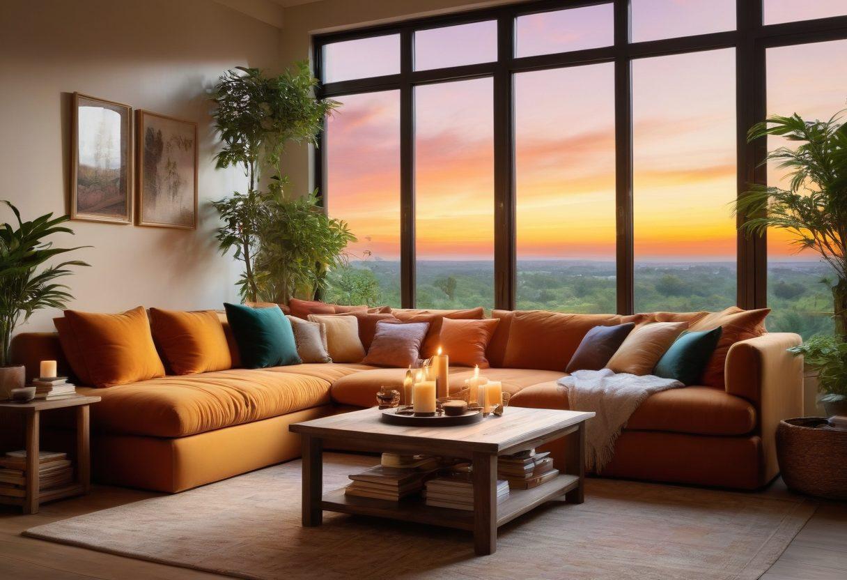 A cozy living room bathed in warm, golden light, featuring a plush sofa adorned with soft, colorful cushions, surrounded by green plants that breathe life into the space. A central coffee table with a stack of books and a glowing candle, enhancing the intimate atmosphere. In the background, large windows reveal a serene sunset, symbolizing connection and warmth. The scene should evoke feelings of love and togetherness. super-realistic. warm tones. inviting ambiance.