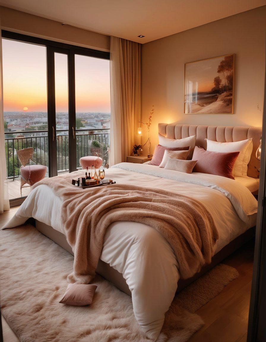 A cozy and stylish interior of a luxury love-nest featuring a romantic bedroom with soft lighting, elegant décor, and a plush bed adorned with romantic pillows. In the background, a small balcony overlooks a serene sunset, with two wine glasses and a bottle on a side table, symbolizing intimacy. Elements representing different relationship stages, like a wedding ring, photo frames, and a travel bag, are subtly incorporated. super-realistic. warm tones. soft focus.