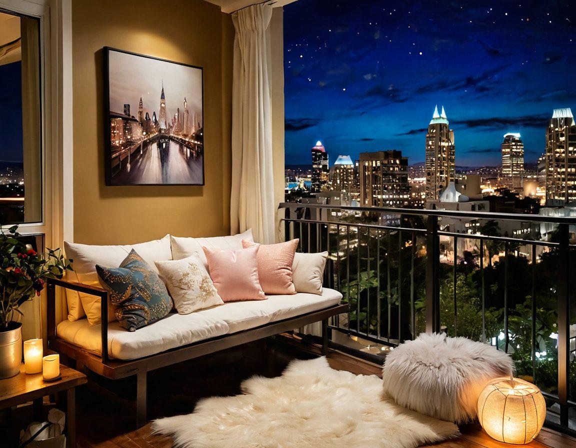 A cozy, charming rental space adorned with soft lighting, plush pillows, and a personal touch of romantic decor. Include a welcoming balcony with a view of twinkling city lights or a serene nature scene, inviting intimacy. Capture the essence of warmth and love through vibrant colors and heartwarming details. super-realistic. warm tones. soft focus.